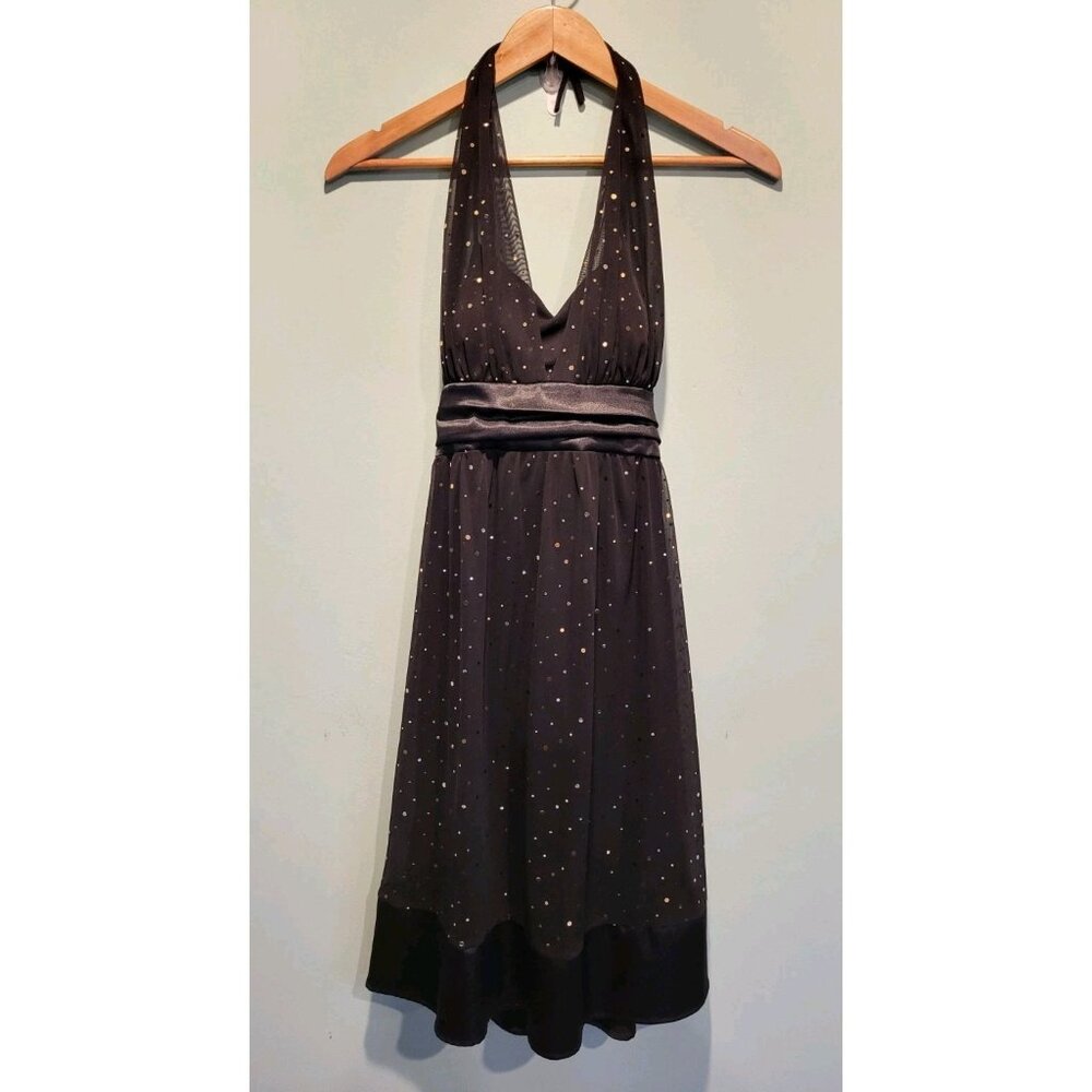Y2K Taboo Black Gold Sparkle Halter Dress Sz L Mesh Lined Bow